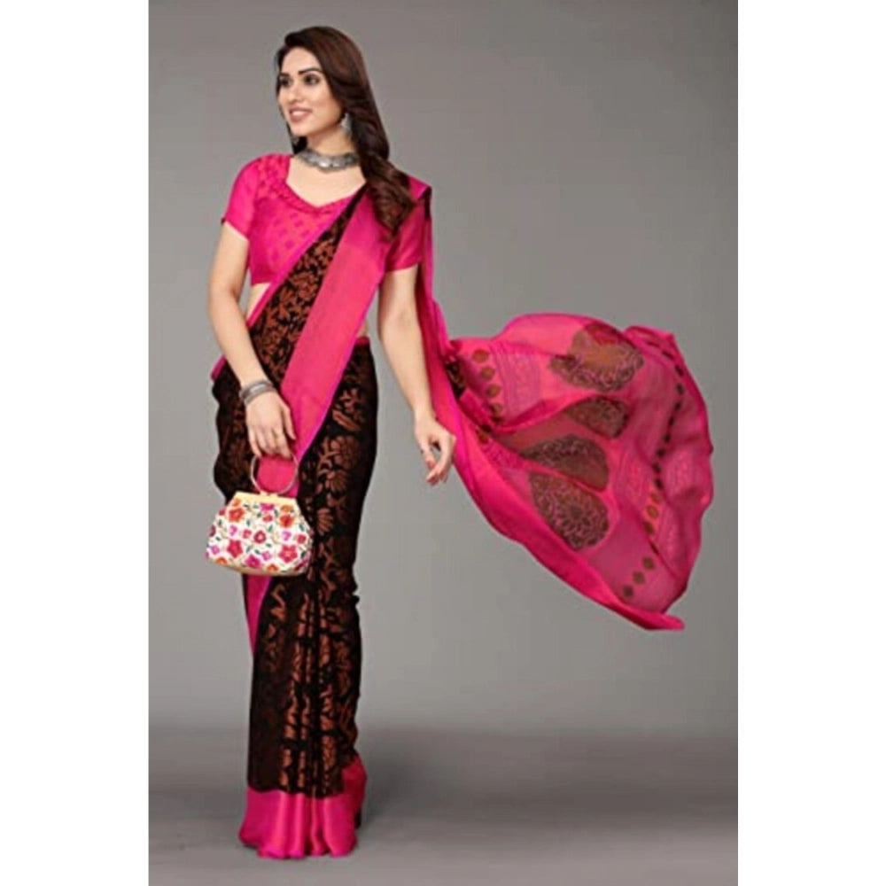 Amfyn Women's Viscose Rayon Printed Saree With Unstitched Blouse (Black)