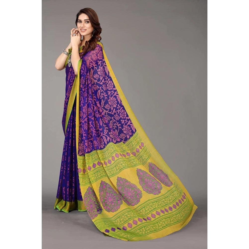 Amfyn Women's Viscose Rayon Printed Saree With Unstitched Blouse (Blue)