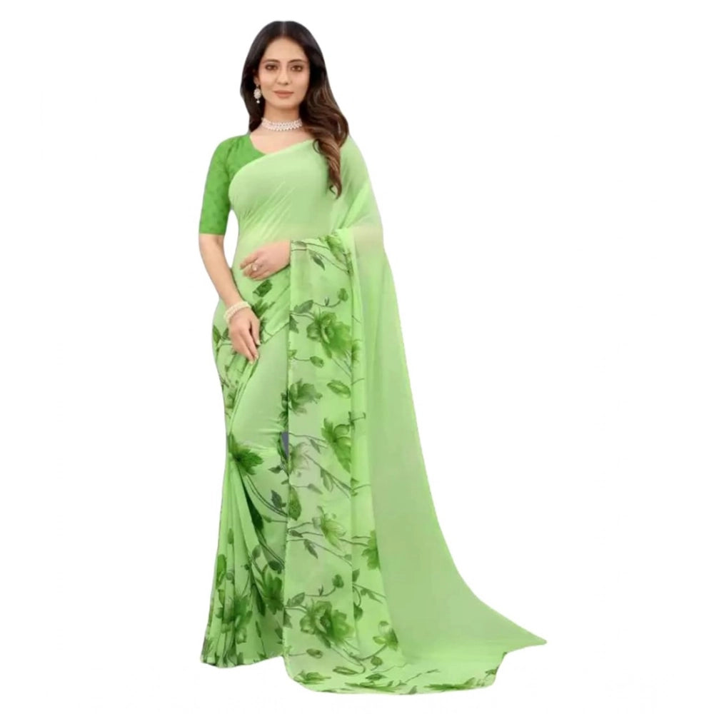 Amfyn Women's Georgette Printed Saree With Unstitched Blouse (Green)