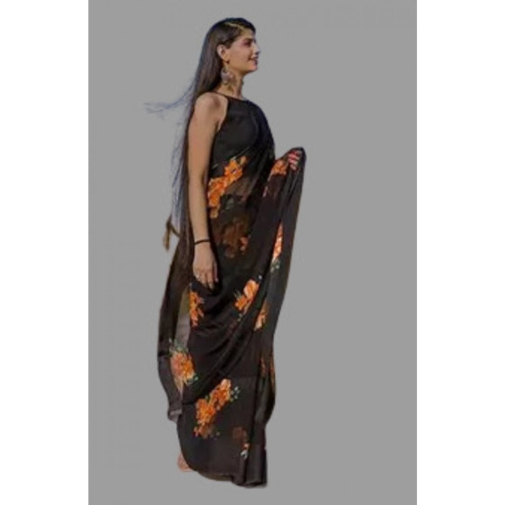 Amfyn Women's Satin Patta Printed Saree With Unstitched Blouse (Orange)