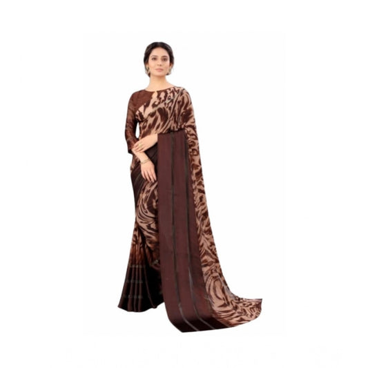 Amfyn Women's Satin Patta Printed Saree With Unstitched Blouse (Brown)