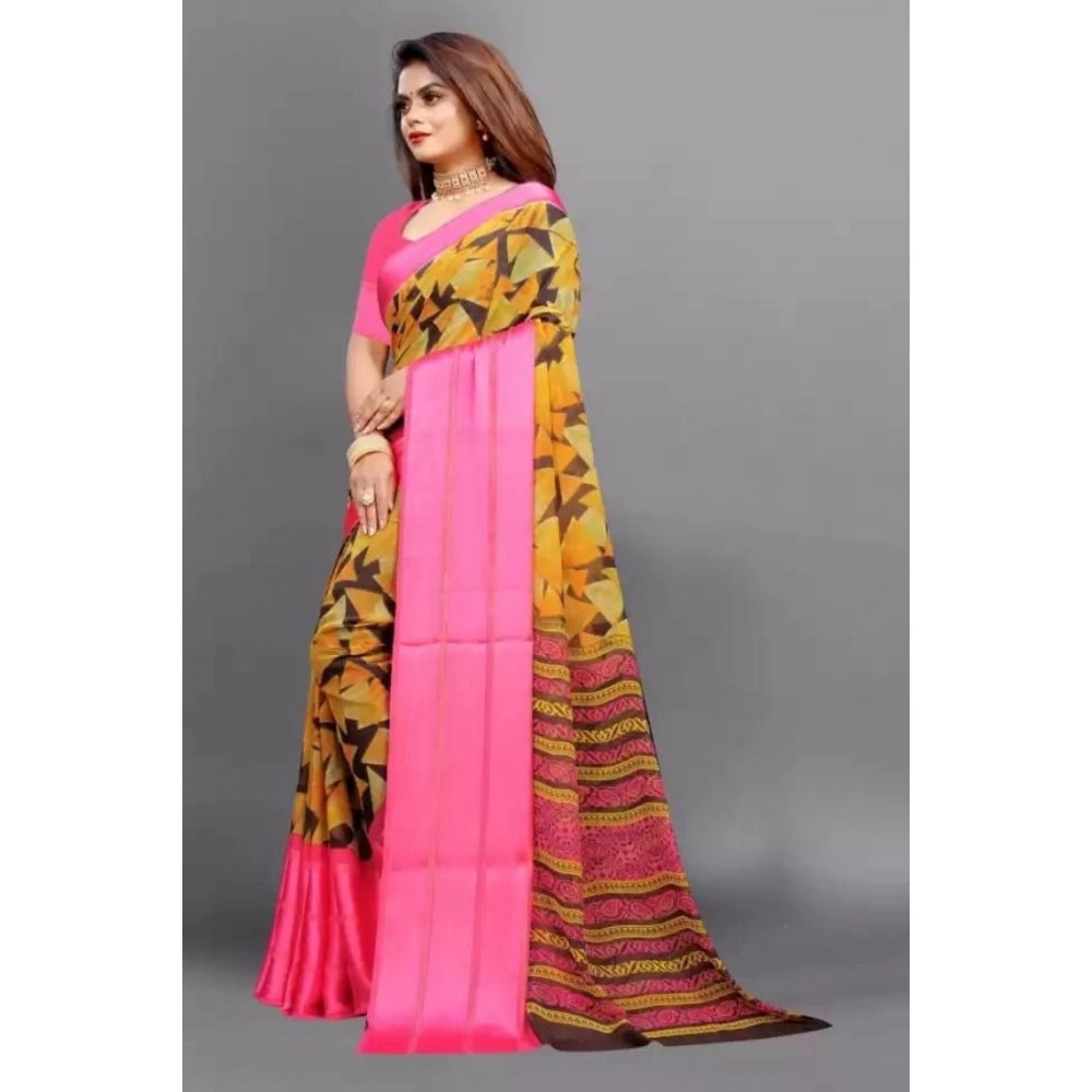 Amfyn Women's Satin Patta Printed Saree With Unstitched Blouse (Pink)
