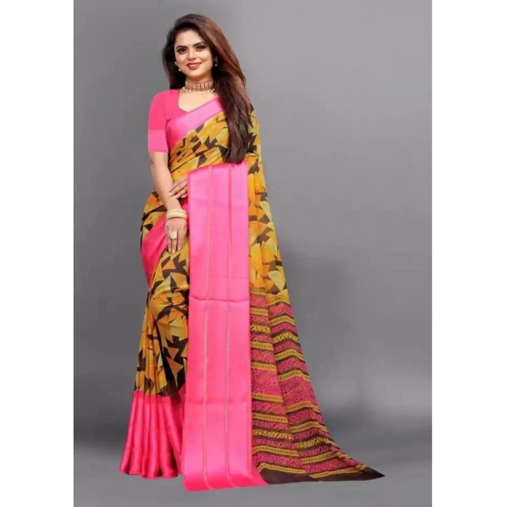 Amfyn Women's Satin Patta Printed Saree With Unstitched Blouse (Pink)