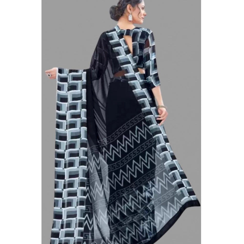 Amfyn Women's Satin Patta Printed Saree With Unstitched Blouse (Black)