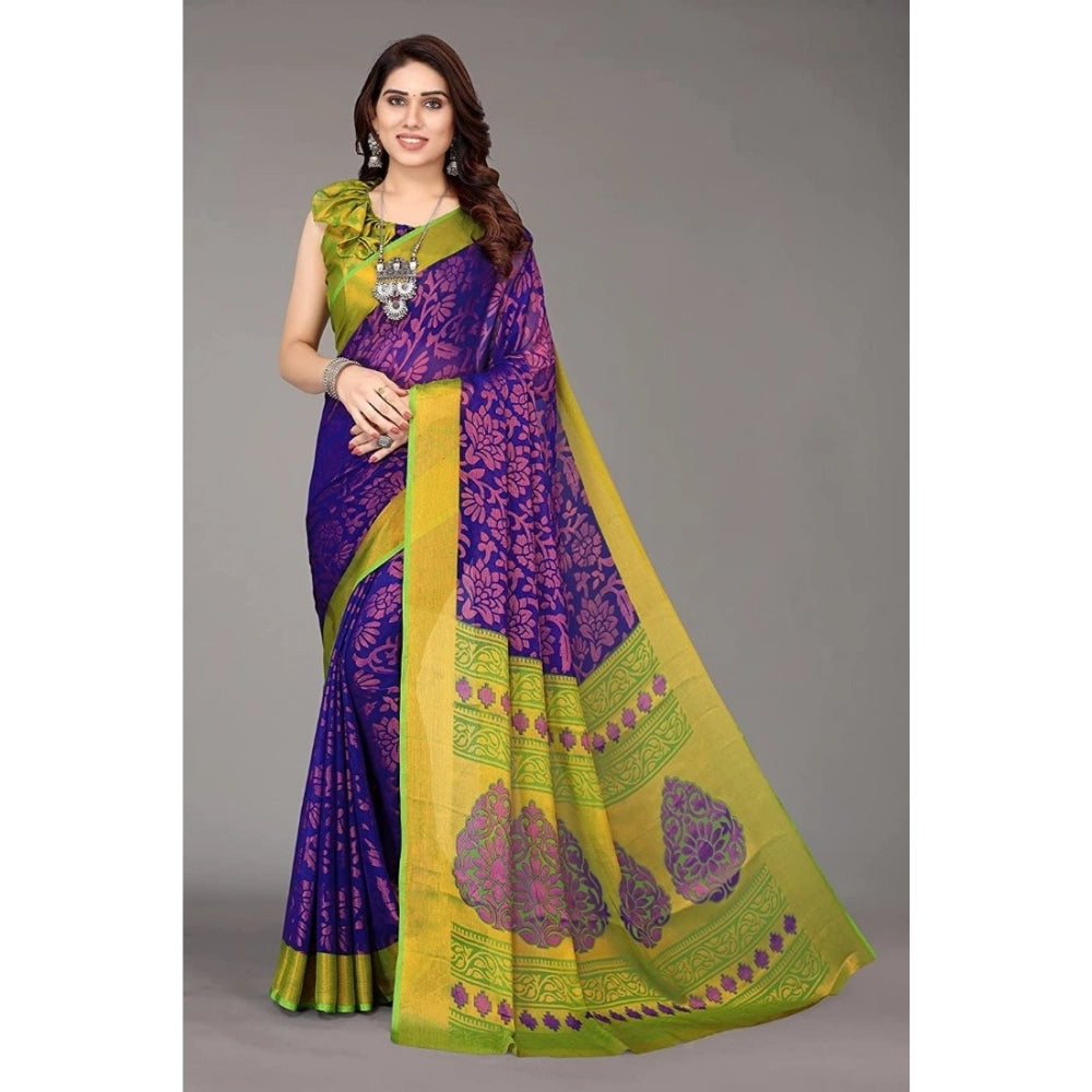 Amfyn Women's Viscose Rayon Printed Saree With Unstitched Blouse (Blue)