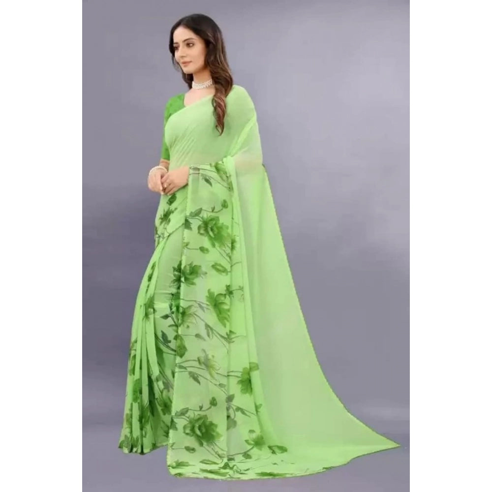 Amfyn Women's Georgette Printed Saree With Unstitched Blouse (Green)