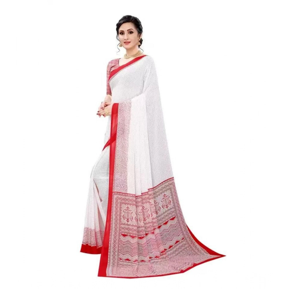 Amfyn Women's Georgette Printed Saree With Unstitched Blouse (Red)
