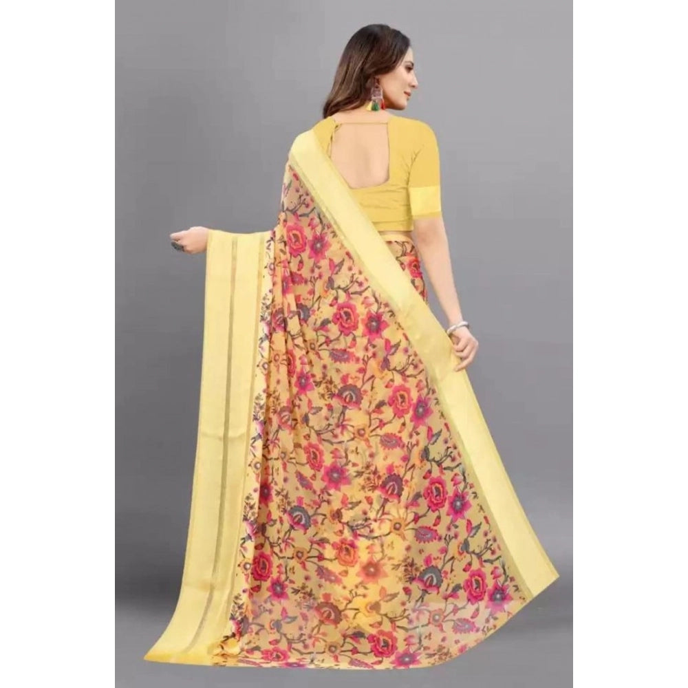 Amfyn Women's Satin Patta Printed Saree With Unstitched Blouse (Yellow)
