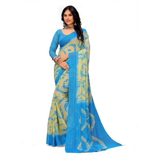 Amfyn Women's Georgette Printed Saree With Unstitched Blouse (Skyblue)