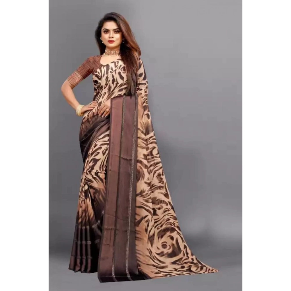 Amfyn Women's Satin Patta Printed Saree With Unstitched Blouse (Brown)