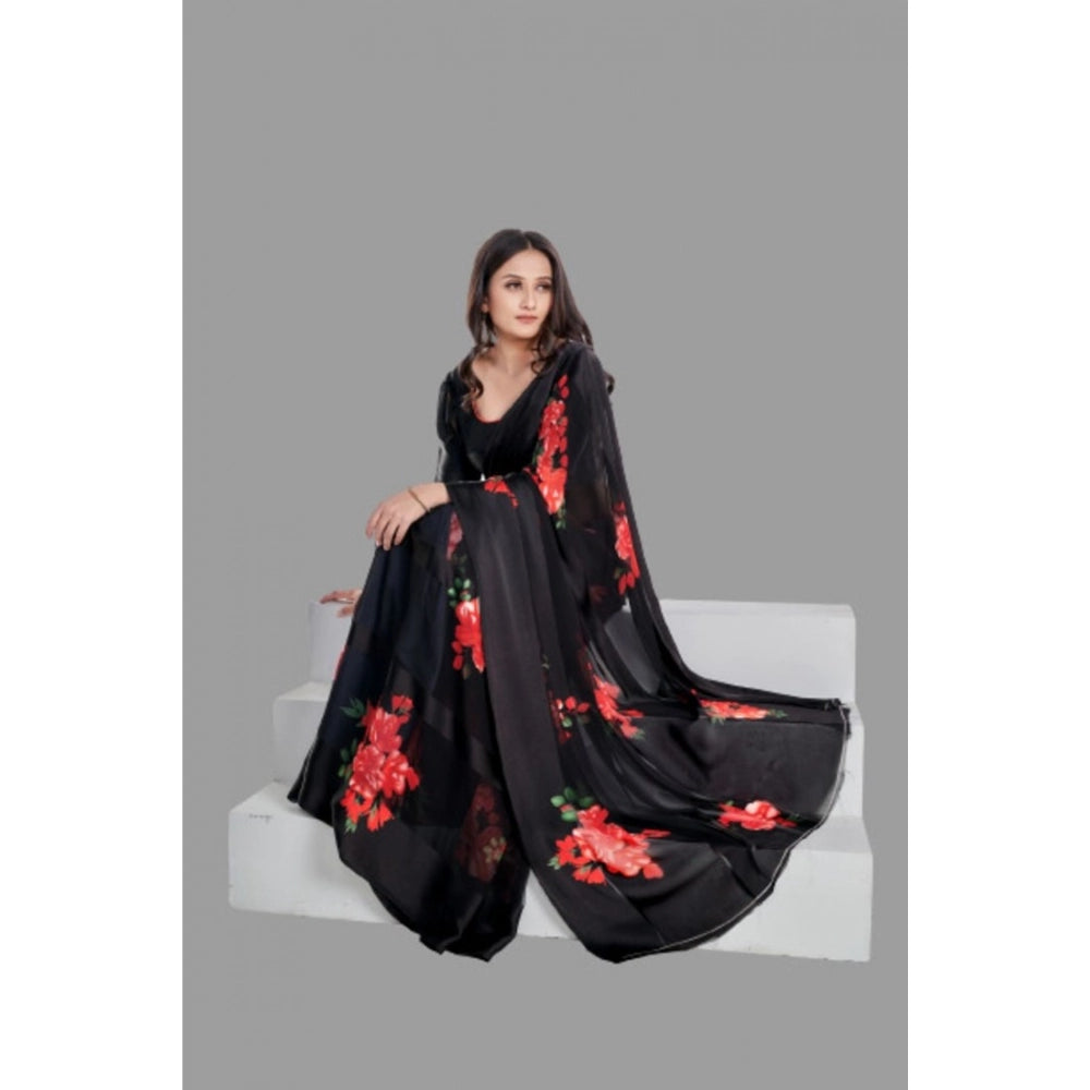 Amfyn Women's Satin Patta Printed Saree With Unstitched Blouse (Red)