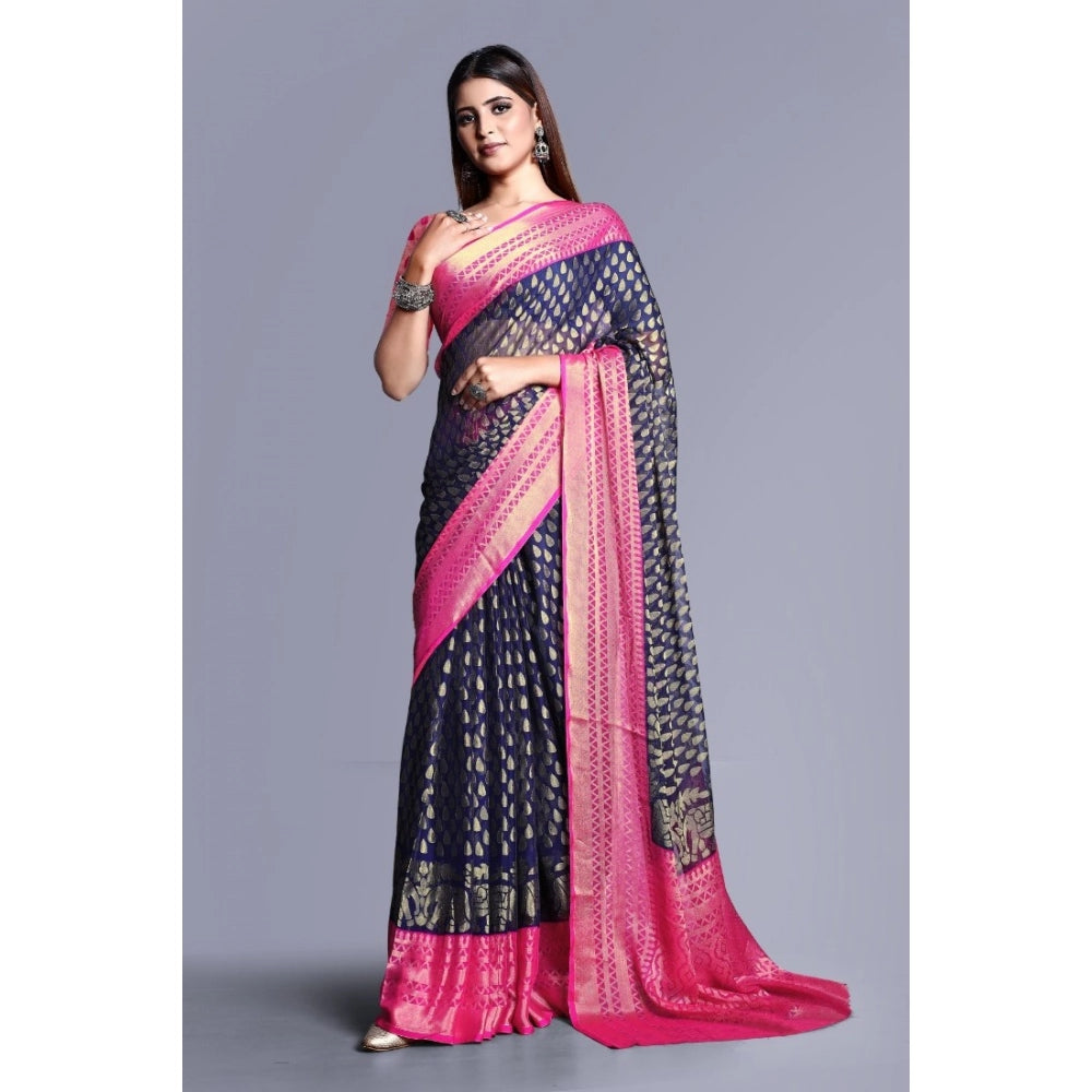 Amfyn Women's Viscose Rayon Printed Saree With Unstitched Blouse (Navy Blue)