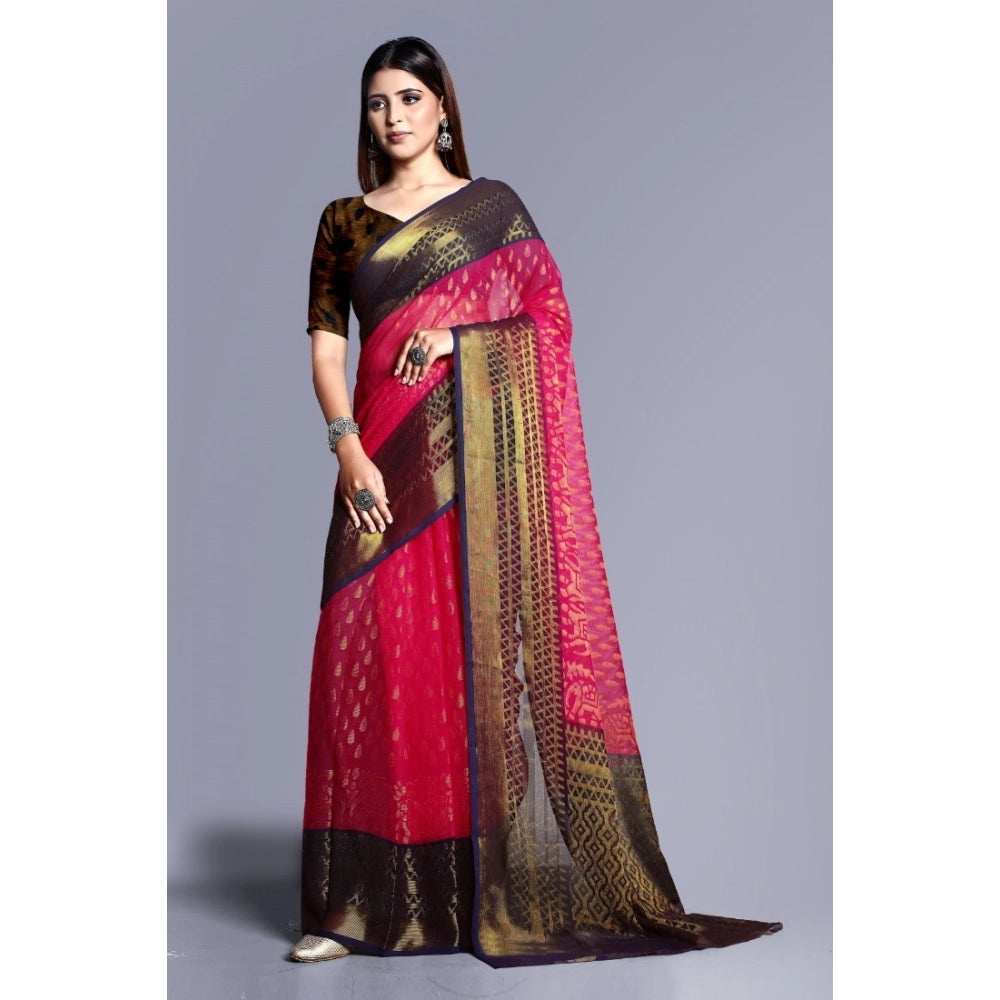 Amfyn Women's Viscose Rayon Printed Saree With Unstitched Blouse (Pink)