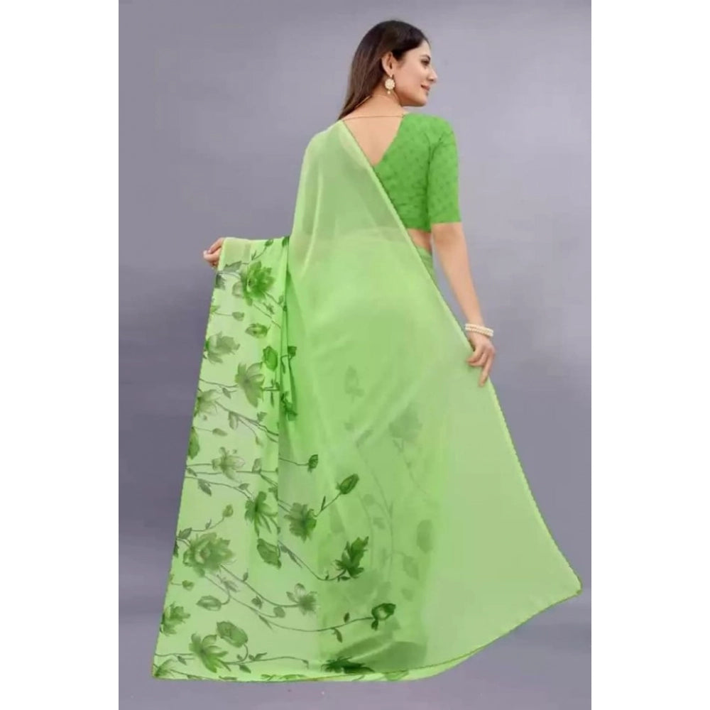 Amfyn Women's Georgette Printed Saree With Unstitched Blouse (Green)