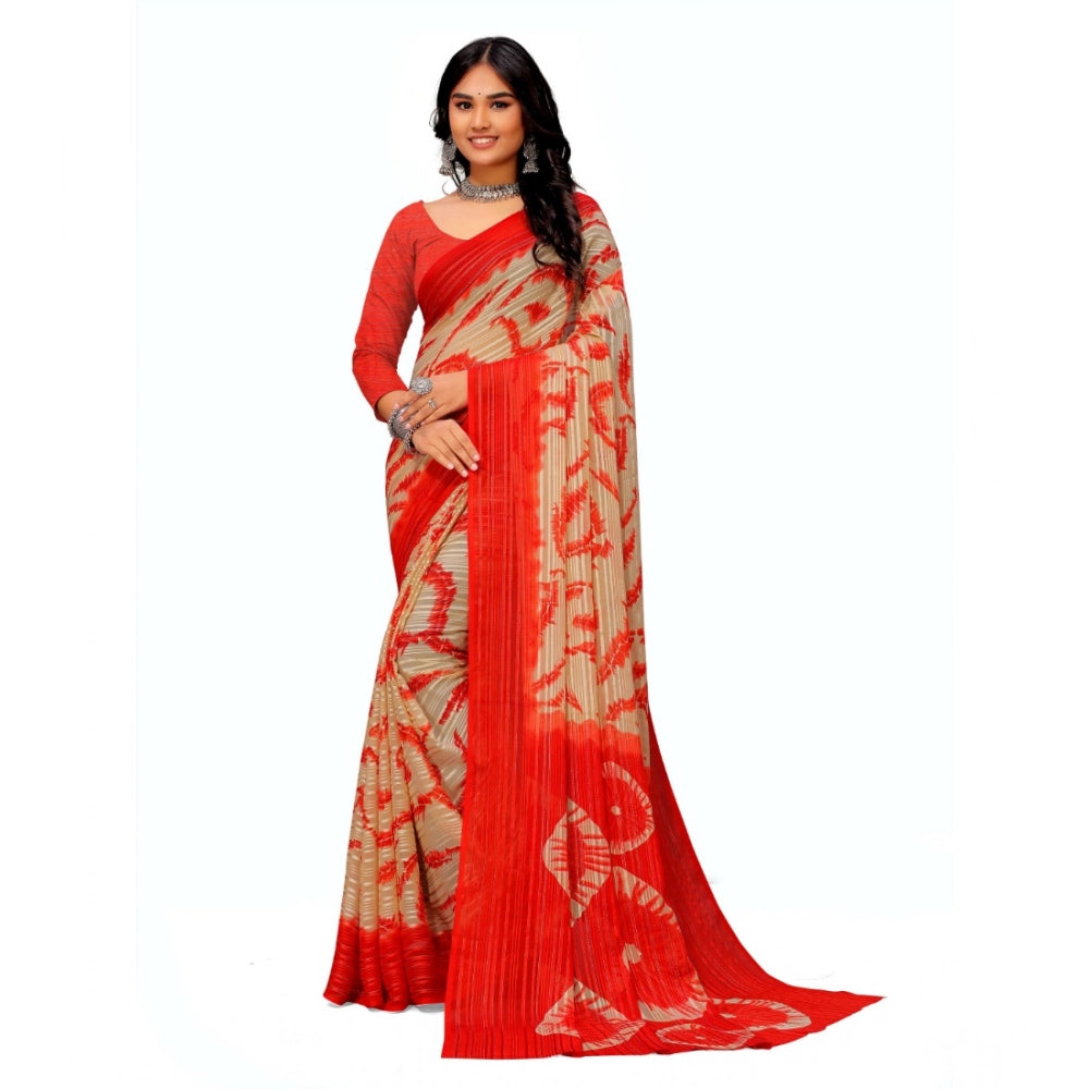 Amfyn Women's Georgette Printed Saree With Unstitched Blouse (Red)