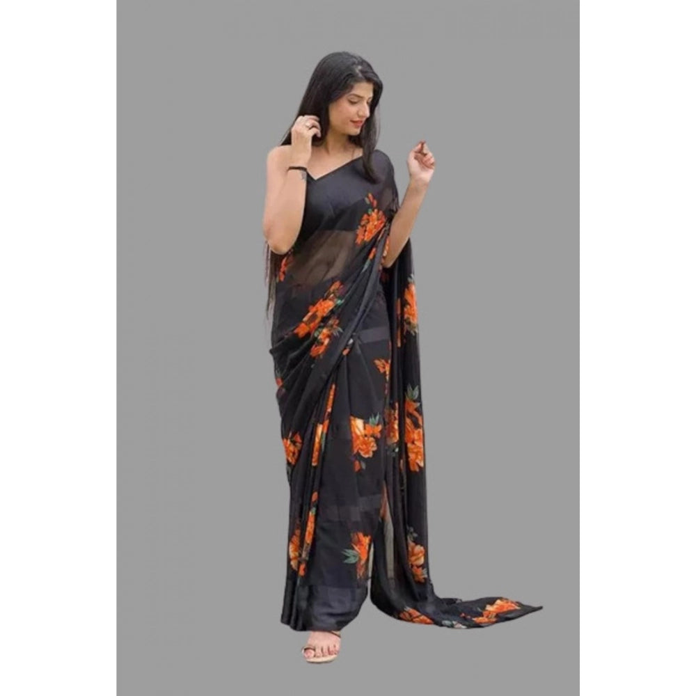 Amfyn Women's Satin Patta Printed Saree With Unstitched Blouse (Orange)