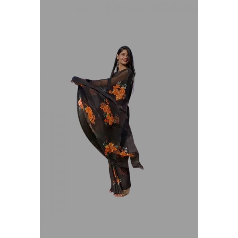 Amfyn Women's Satin Patta Printed Saree With Unstitched Blouse (Orange)