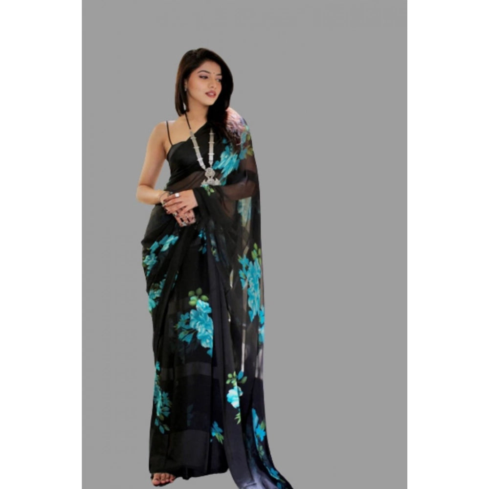 Amfyn Women's Satin Patta Printed Saree With Unstitched Blouse (Blue)