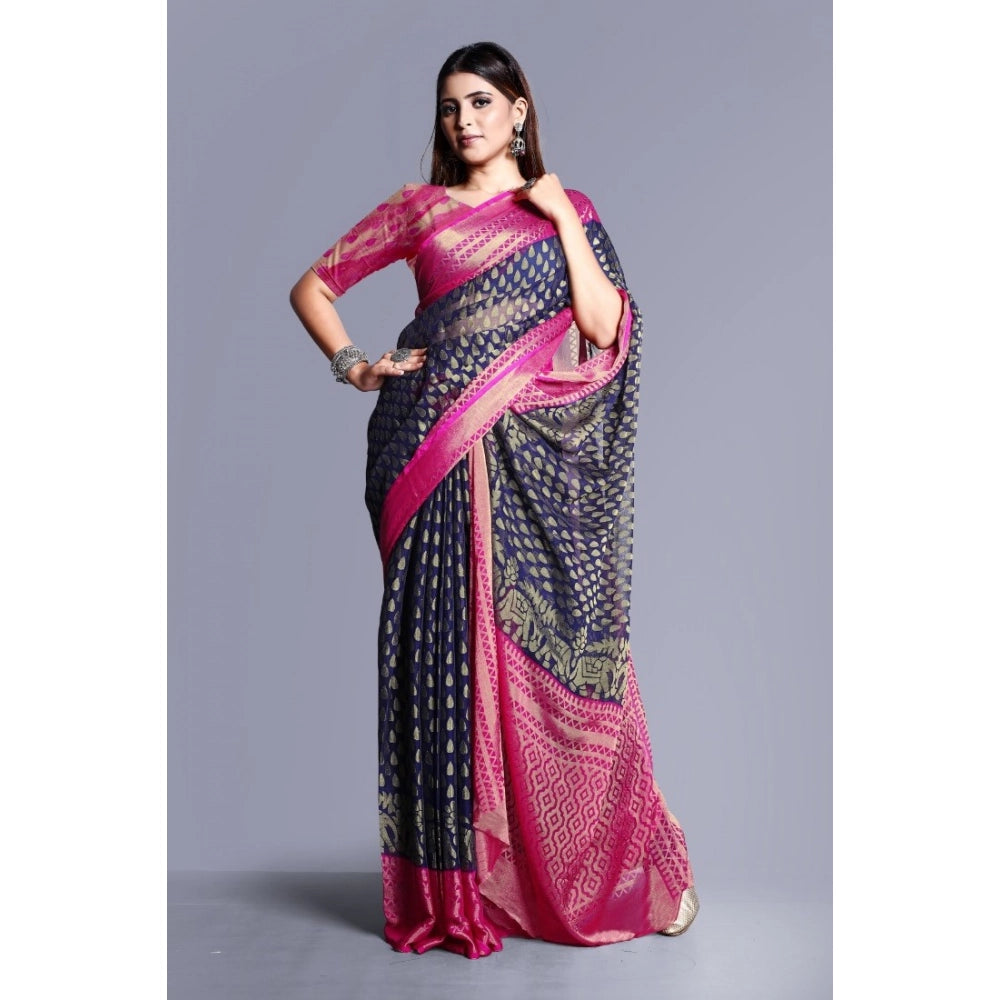 Amfyn Women's Viscose Rayon Printed Saree With Unstitched Blouse (Navy Blue)
