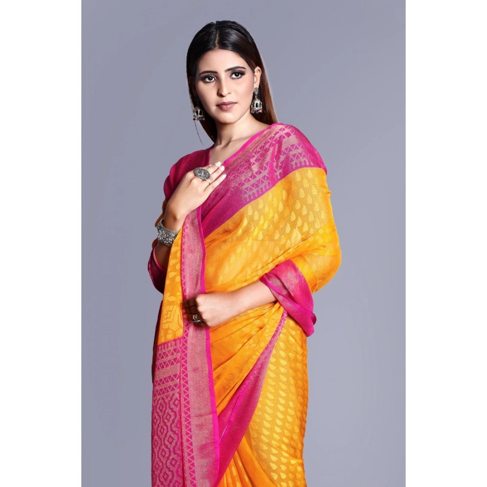 Amfyn Women's Viscose Rayon Printed Saree With Unstitched Blouse (Yellow)