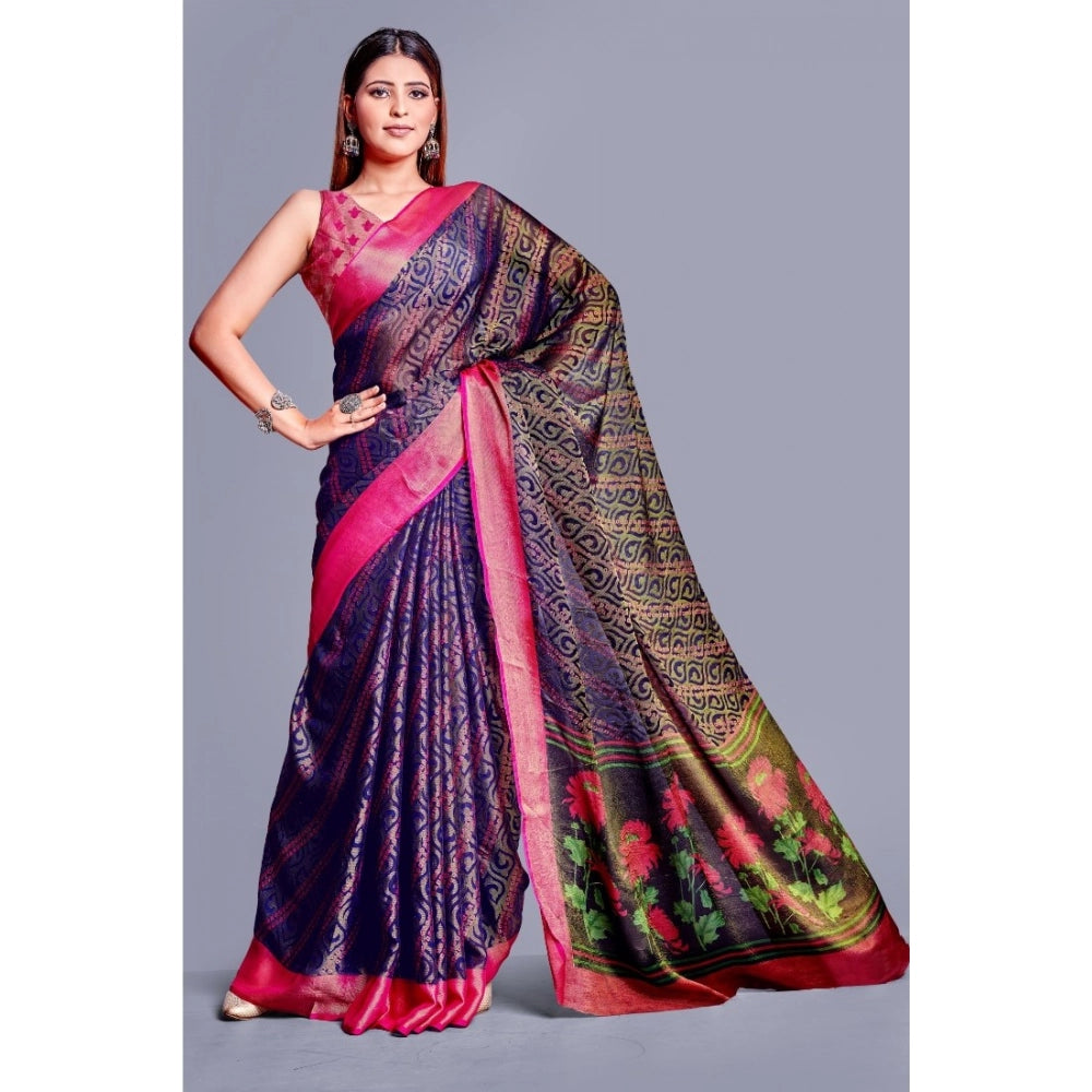Amfyn Women's Viscose Rayon Printed Saree With Unstitched Blouse (Navy Blue)