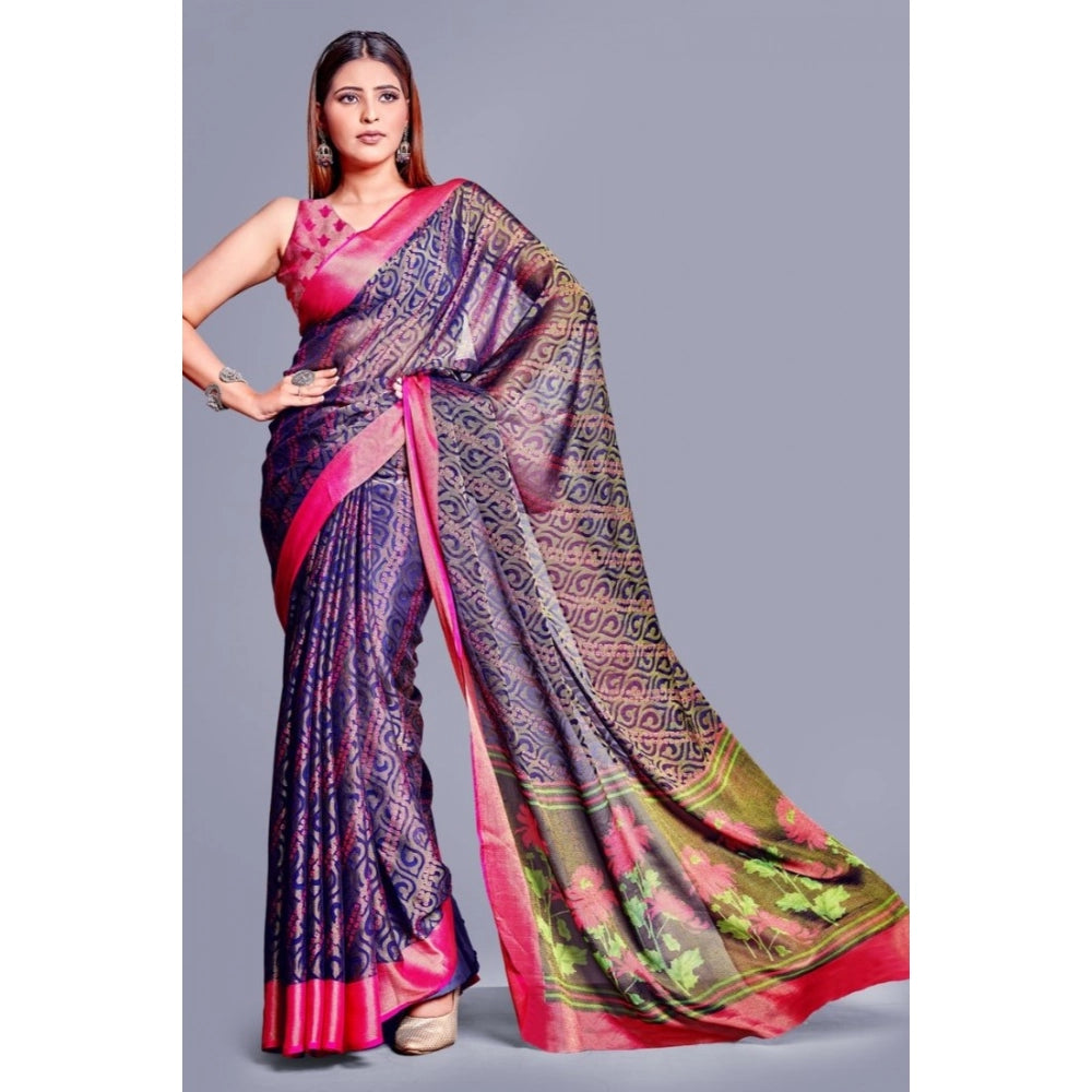 Amfyn Women's Viscose Rayon Printed Saree With Unstitched Blouse (Navy Blue)