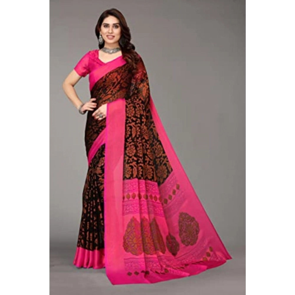 Amfyn Women's Viscose Rayon Printed Saree With Unstitched Blouse (Black)