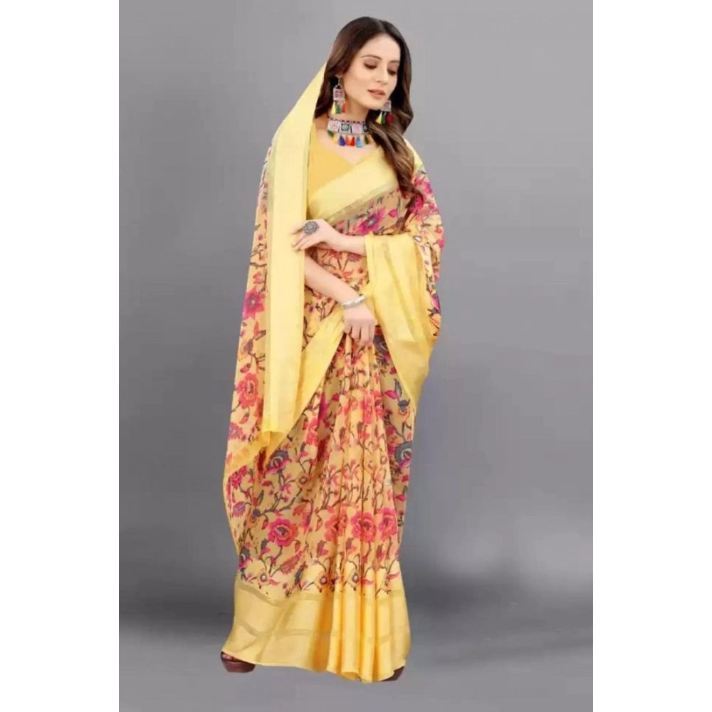 Amfyn Women's Satin Patta Printed Saree With Unstitched Blouse (Yellow)