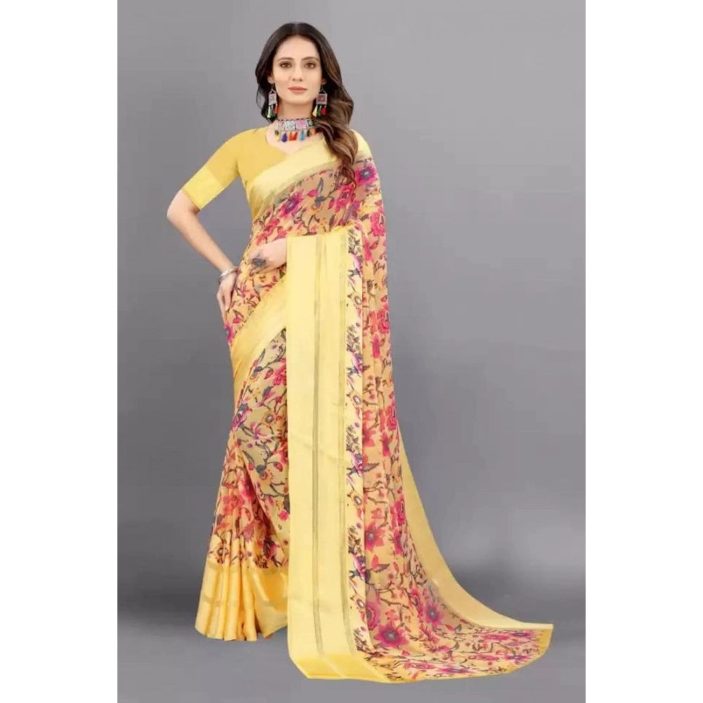 Amfyn Women's Satin Patta Printed Saree With Unstitched Blouse (Yellow)