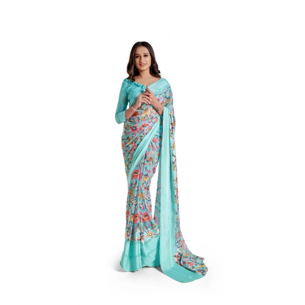 Amfyn Women's Satin Patta Printed Saree With Unstitched Blouse (Skyblue)