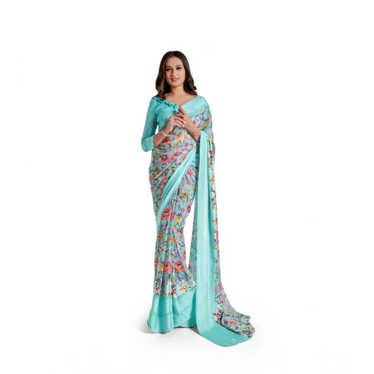 Amfyn Women's Satin Patta Printed Saree With Unstitched Blouse (Skyblue)