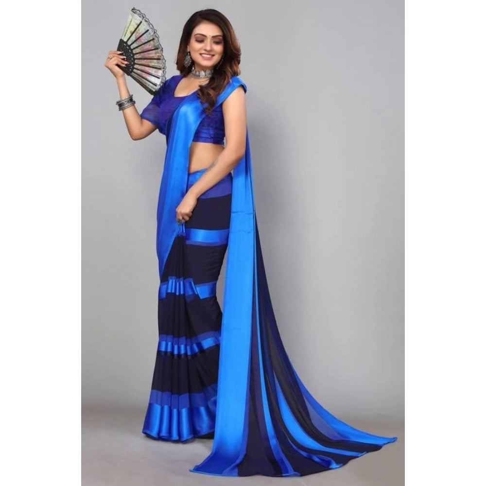 Amfyn Women's Satin Patta Printed Saree With Unstitched Blouse (Skyblue)
