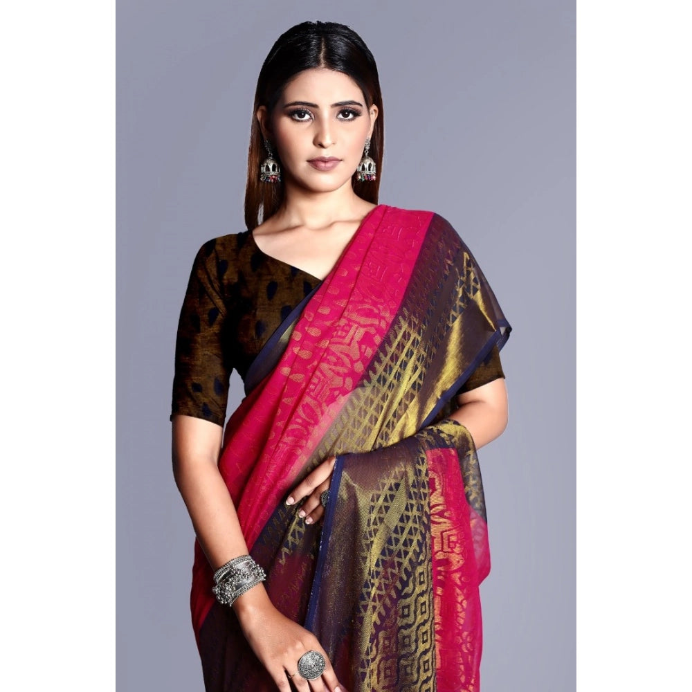 Amfyn Women's Viscose Rayon Printed Saree With Unstitched Blouse (Pink)