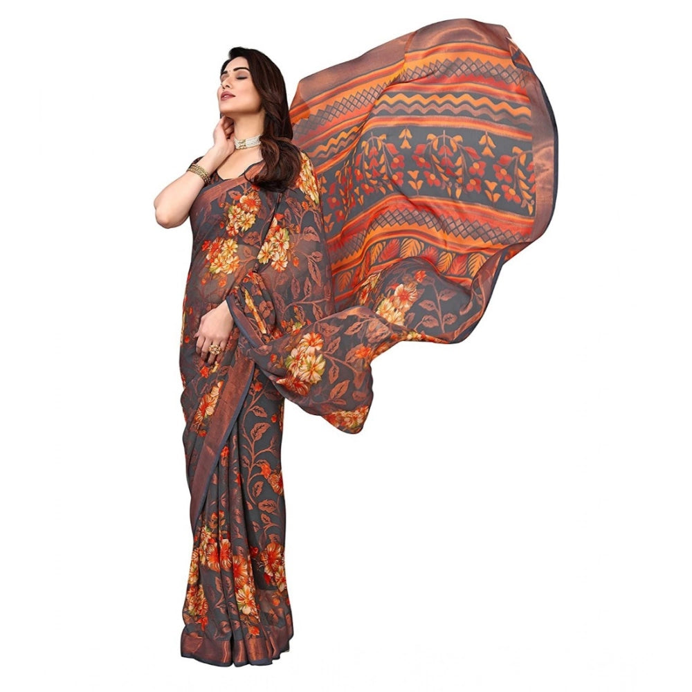 Amfyn Women's Viscose Rayon Printed Saree With Unstitched Blouse (Grey)