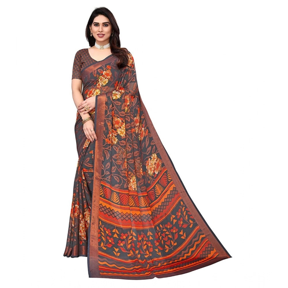 Amfyn Women's Viscose Rayon Printed Saree With Unstitched Blouse (Grey)