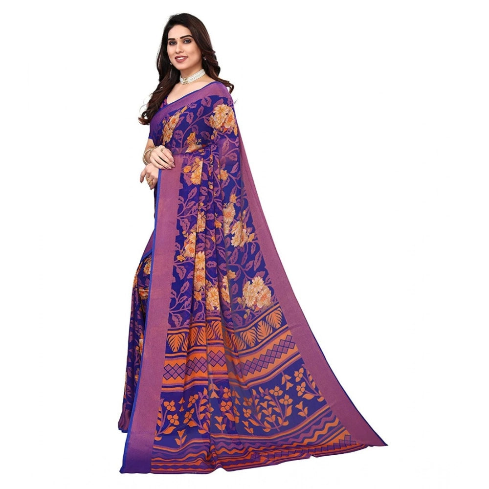 Amfyn Women's Viscose Rayon Printed Saree With Unstitched Blouse (Blue)