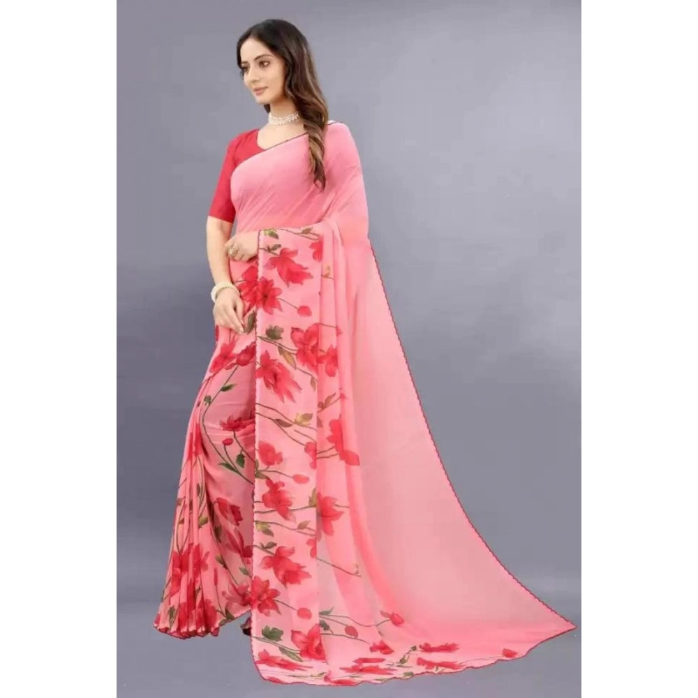 Amfyn Women's Georgette Printed Saree With Unstitched Blouse (Red)