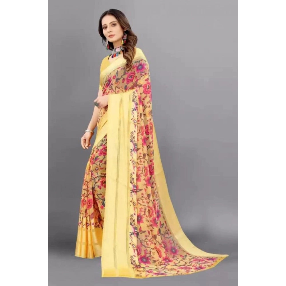 Amfyn Women's Satin Patta Printed Saree With Unstitched Blouse (Yellow)