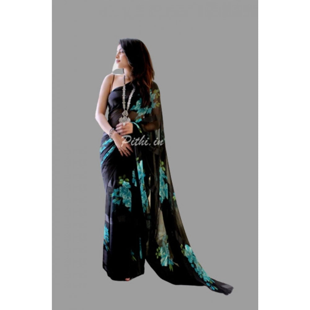 Amfyn Women's Satin Patta Printed Saree With Unstitched Blouse (Blue)