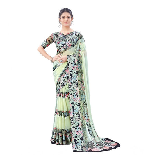 Amfyn Women's Satin Patta Printed Saree With Unstitched Blouse (Cream)