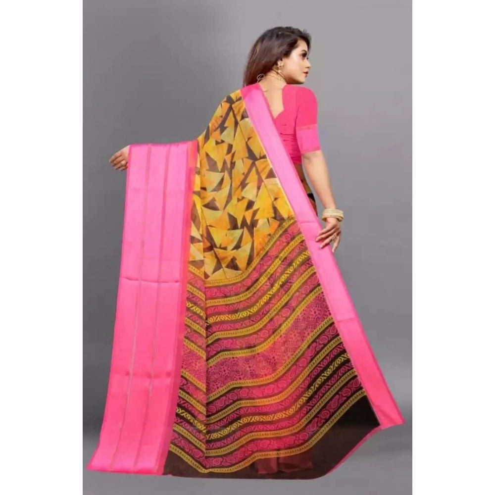 Amfyn Women's Satin Patta Printed Saree With Unstitched Blouse (Pink)