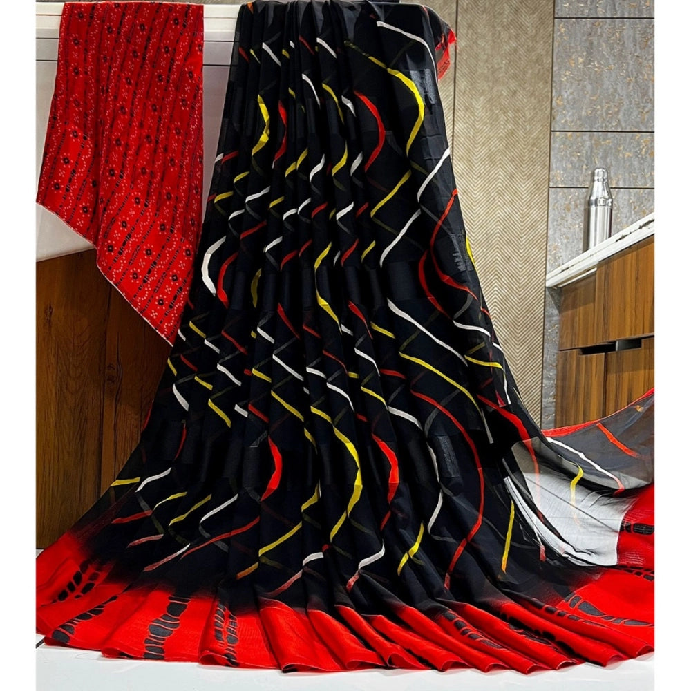 Amfyn Women's Satin Patta Printed Saree With Unstitched Blouse (Red)