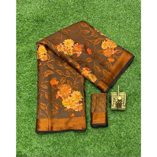 Amfyn Women's Viscose Rayon Printed Saree With Unstitched Blouse (Brown)