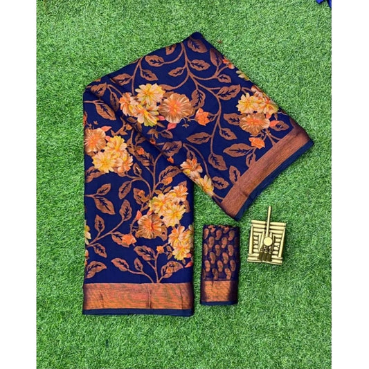 Amfyn Women's Viscose Rayon Printed Saree With Unstitched Blouse (Navyblue)