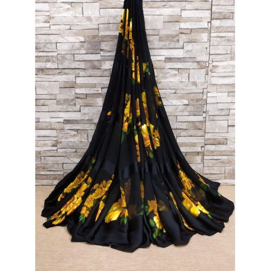 Amfyn Women's Satin Patta Printed Saree With Unstitched Blouse (Yellow)