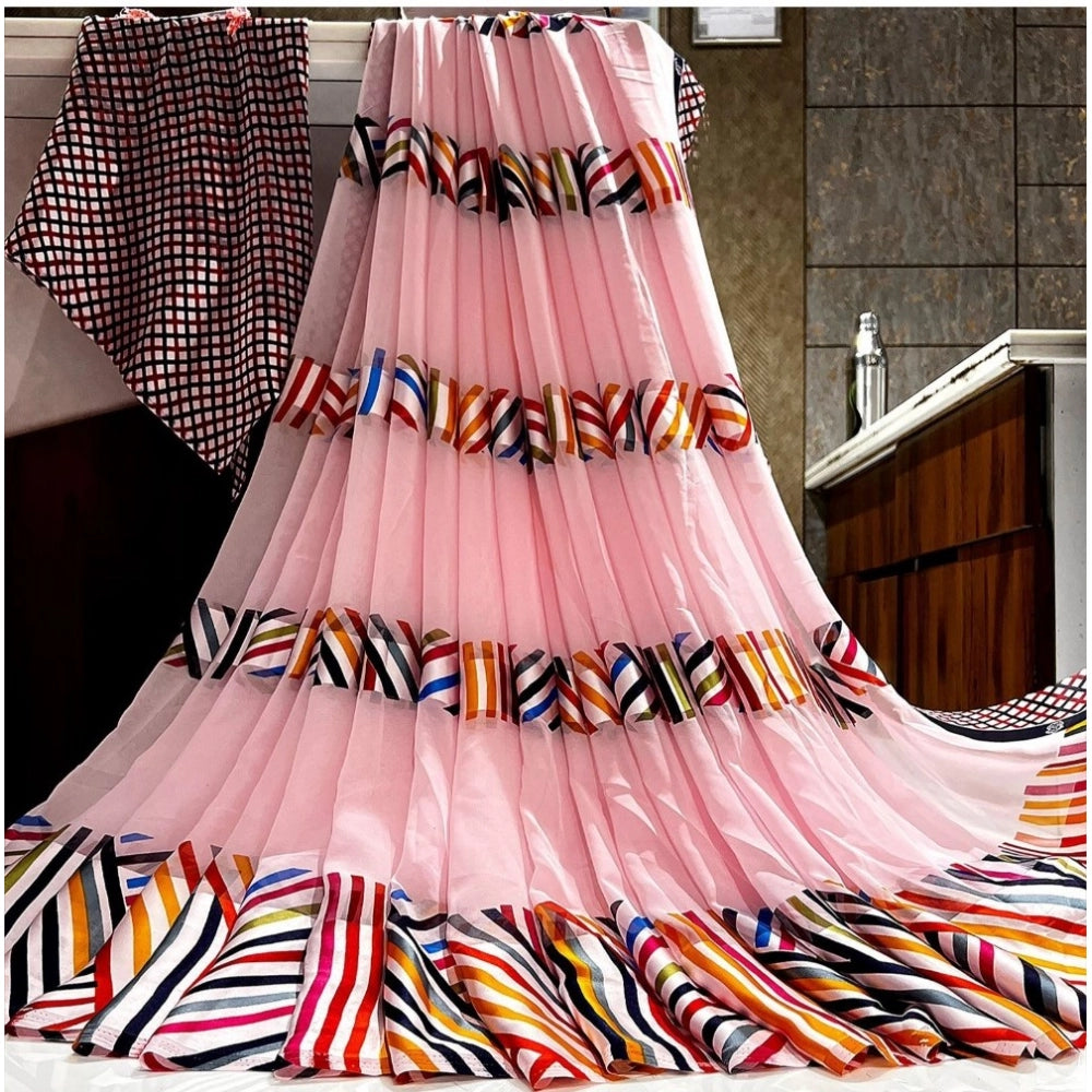 Amfyn Women's Satin Patta Printed Saree With Unstitched Blouse (Pink)