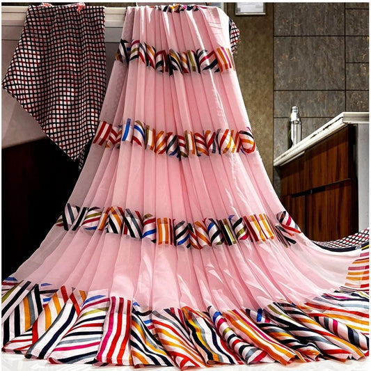 Amfyn Women's Satin Patta Printed Saree With Unstitched Blouse (Pink)