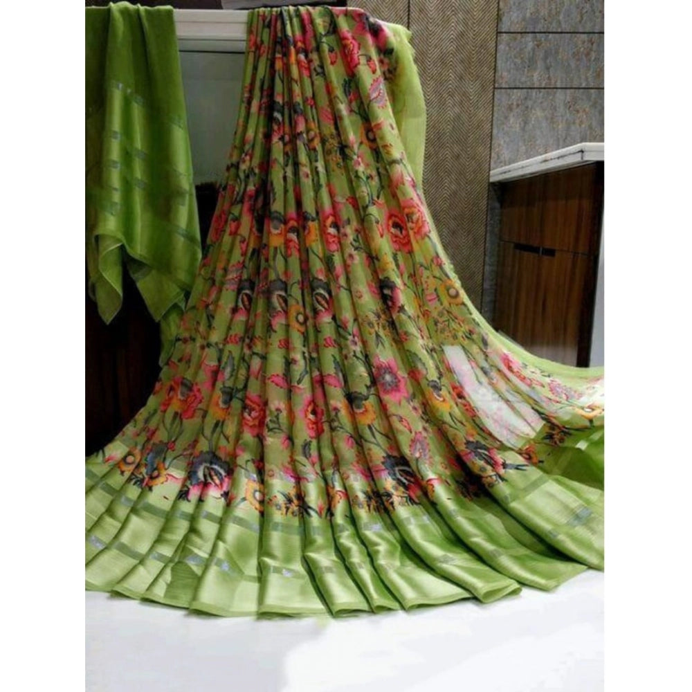 Amfyn Women's Satin Patta Printed Saree With Unstitched Blouse (Green)