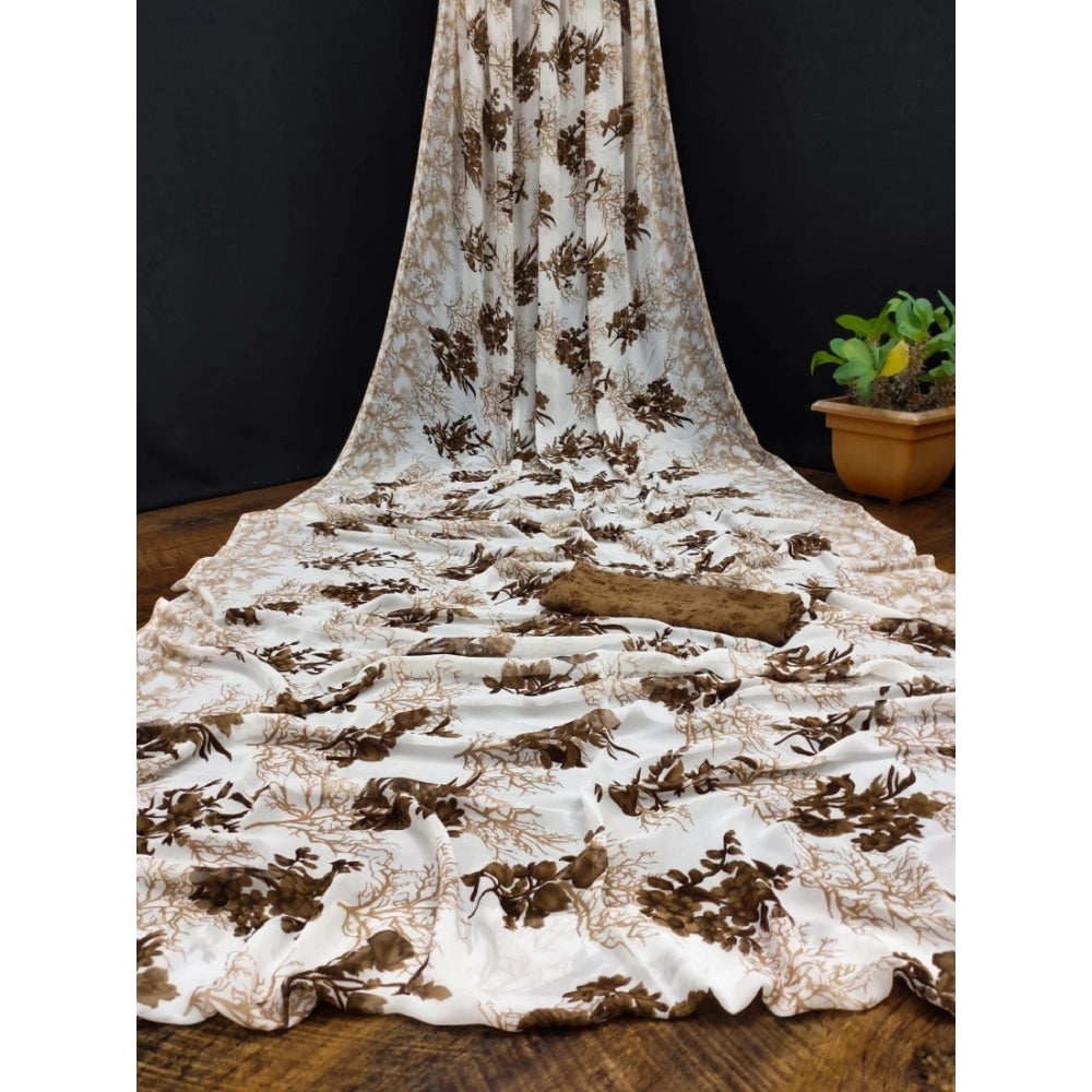 Amfyn Women's Georgette Printed Saree With Unstitched Blouse (Coffee)