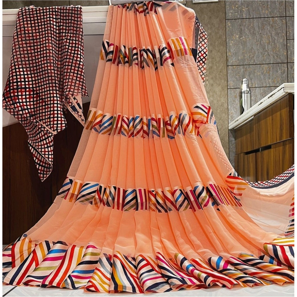 Amfyn Women's Satin Patta Printed Saree With Unstitched Blouse (Peach)